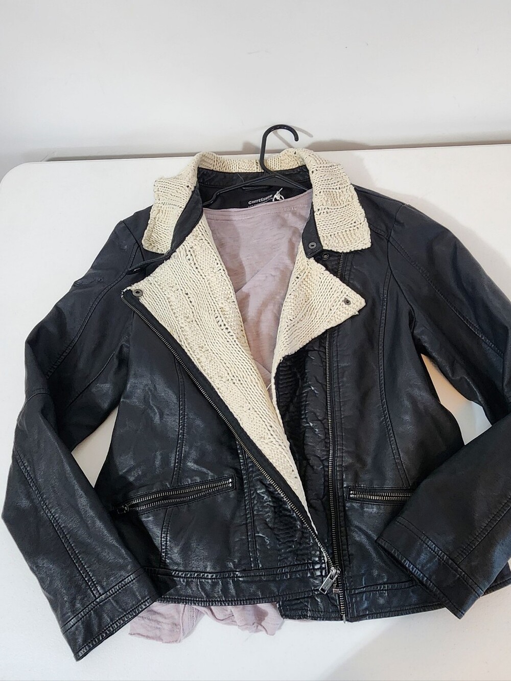 CoffeeShop Black Faux Leather Jacket with Cream Knit Collar